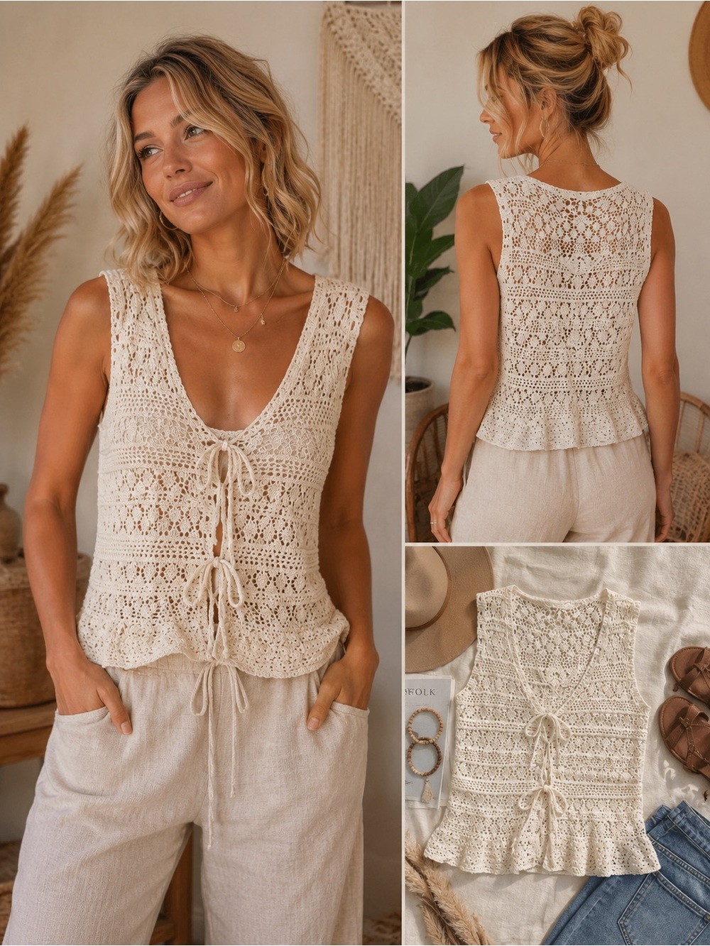 011 NWT Hippie Rose Cream Crochet Tie-Front Tank